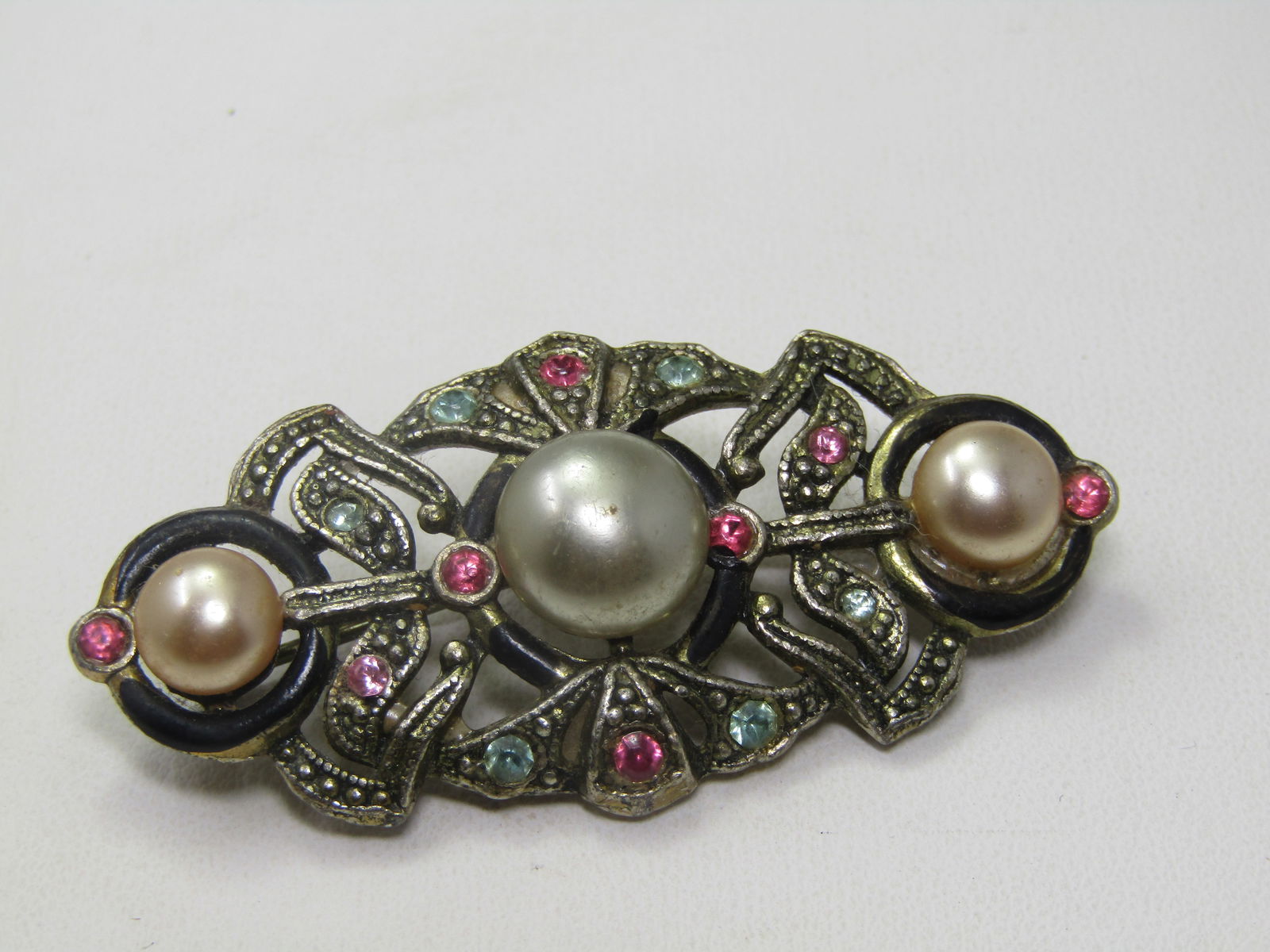 Vintage Faux Pearl & Rhinestone Brooch, C-Clasp, 1930's - 3