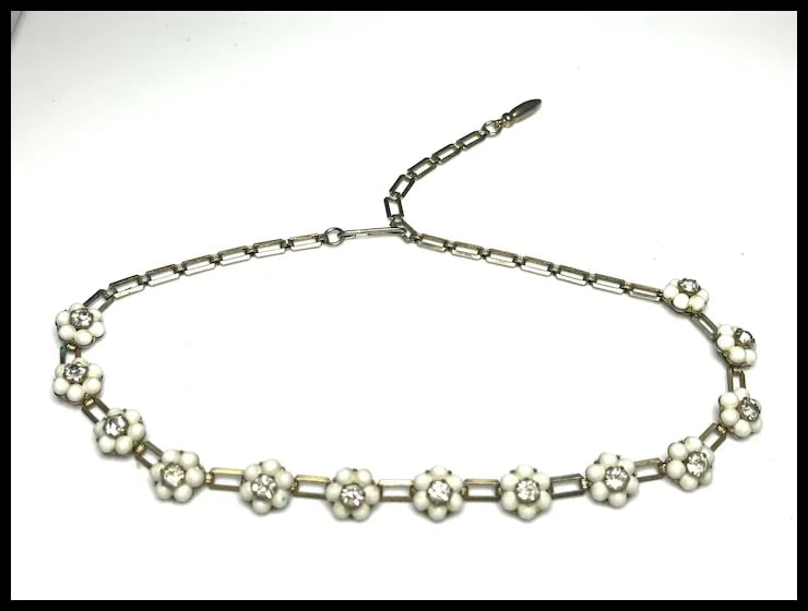 Vintage Milk White Early Plastic Flowers and Rhinestone Necklace - 3