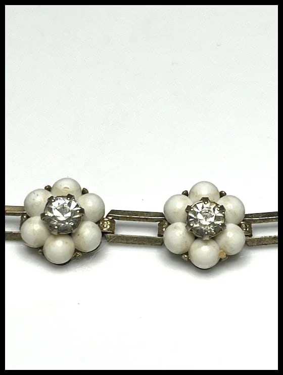 Vintage Milk White Early Plastic Flowers and Rhinestone Necklace - 5