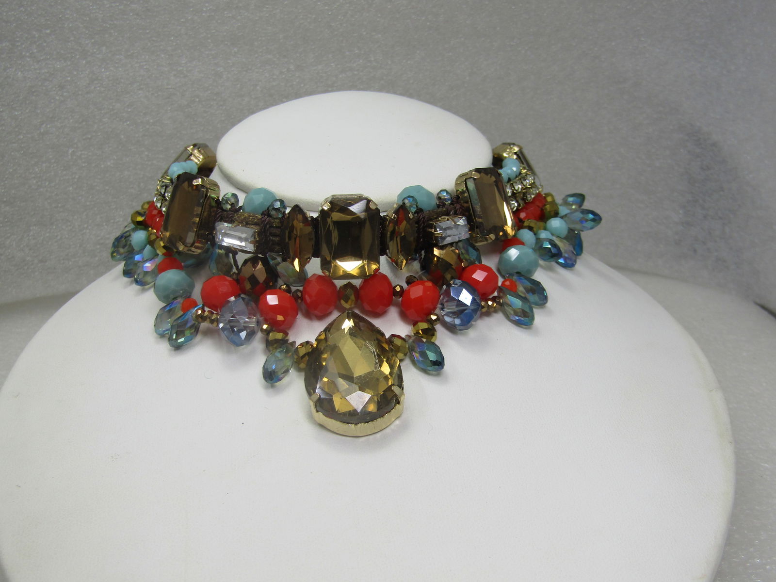 Vintage Rhinestone & Faux Turquoise Bib Necklace, Statement, 21" (1 of 6)
