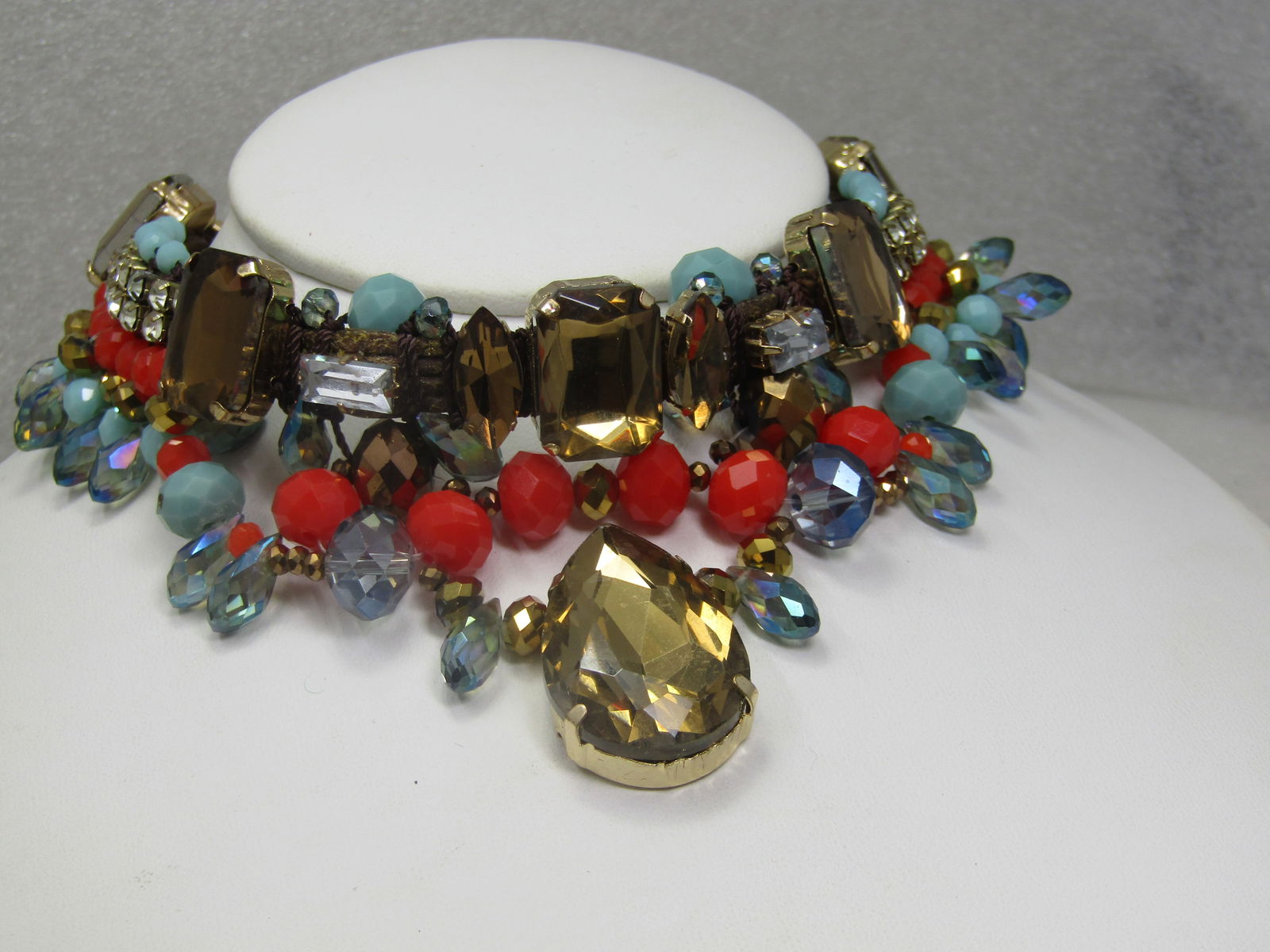 Vintage Rhinestone & Faux Turquoise Bib Necklace, Statement, 21" - 2