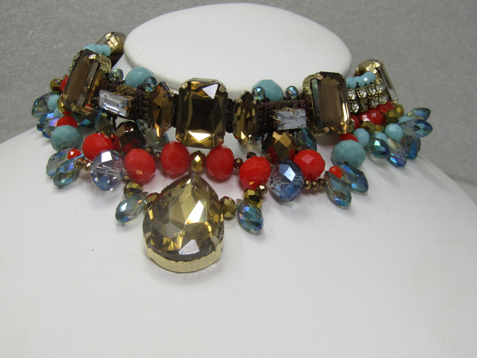 Vintage Rhinestone & Faux Turquoise Bib Necklace, Statement, 21" - 3