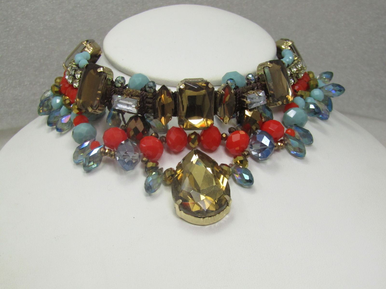 Vintage Rhinestone & Faux Turquoise Bib Necklace, Statement, 21" - 4