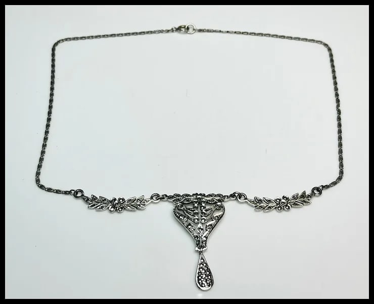 Vintage Art Deco Sterling Silver Marcasite Fancy Link Necklace - 2