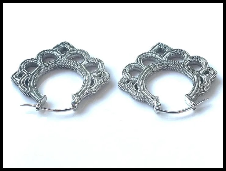 Detailed Estate Filigree Sterling Silver Hoop Earrings - 4