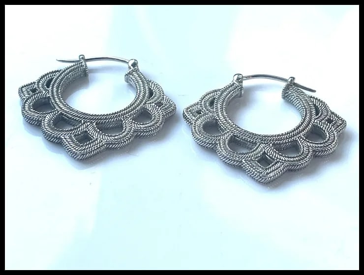Detailed Estate Filigree Sterling Silver Hoop Earrings - 5