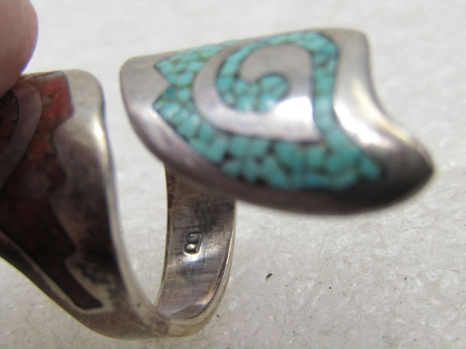 Vintage Sterling Southwestern Turquoise Coral Chip Bypass Ring, Sz. 6.5 - 7
