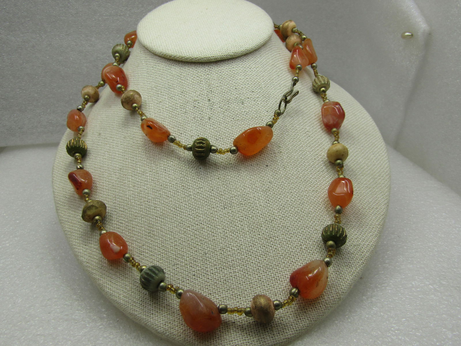 Vintage Orange Agate & Carved & Painted Beaded Necklace, 34", Hook Clasp, 1970's-1980's (1 of 5)