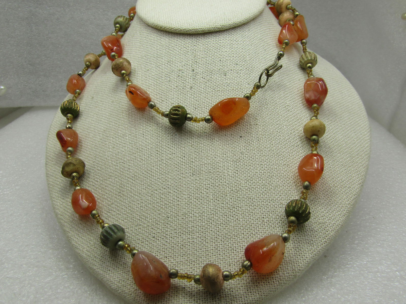 Vintage Orange Agate & Carved & Painted Beaded Necklace, 34", Hook Clasp, 1970's-1980's - 2