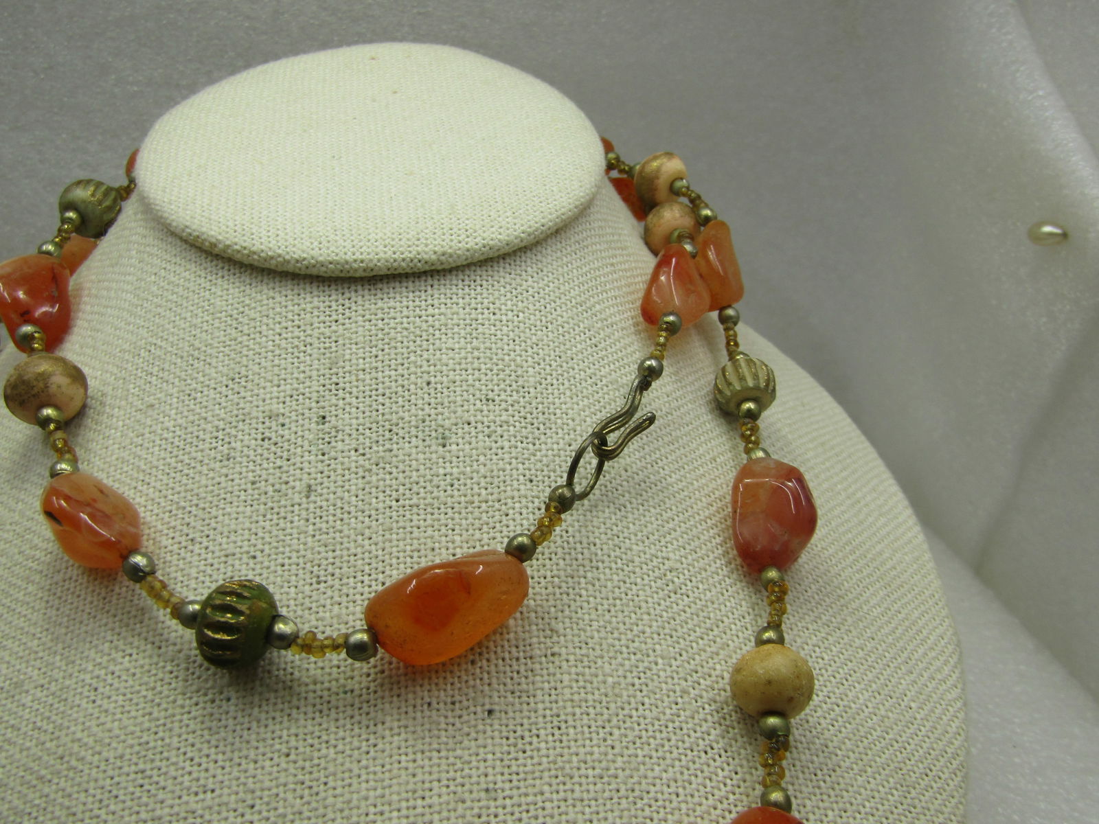 Vintage Orange Agate & Carved & Painted Beaded Necklace, 34", Hook Clasp, 1970's-1980's - 4