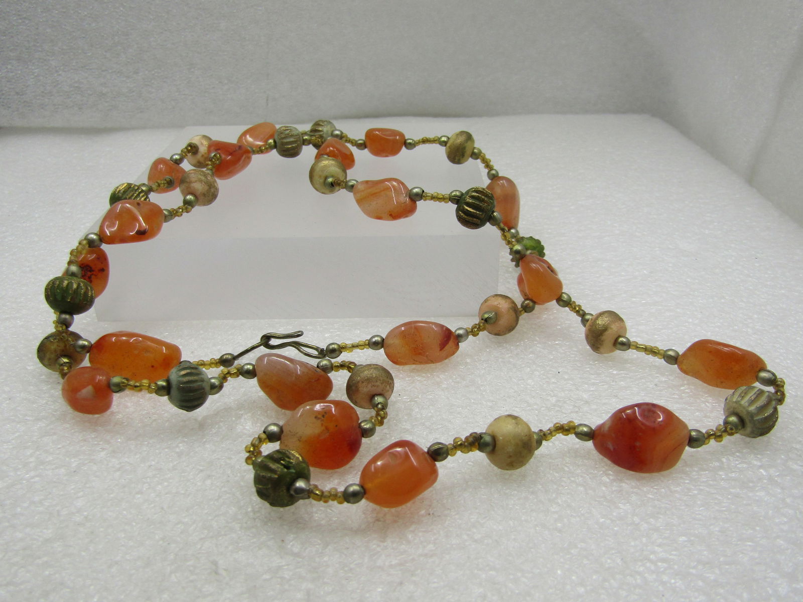 Vintage Orange Agate & Carved & Painted Beaded Necklace, 34", Hook Clasp, 1970's-1980's - 5