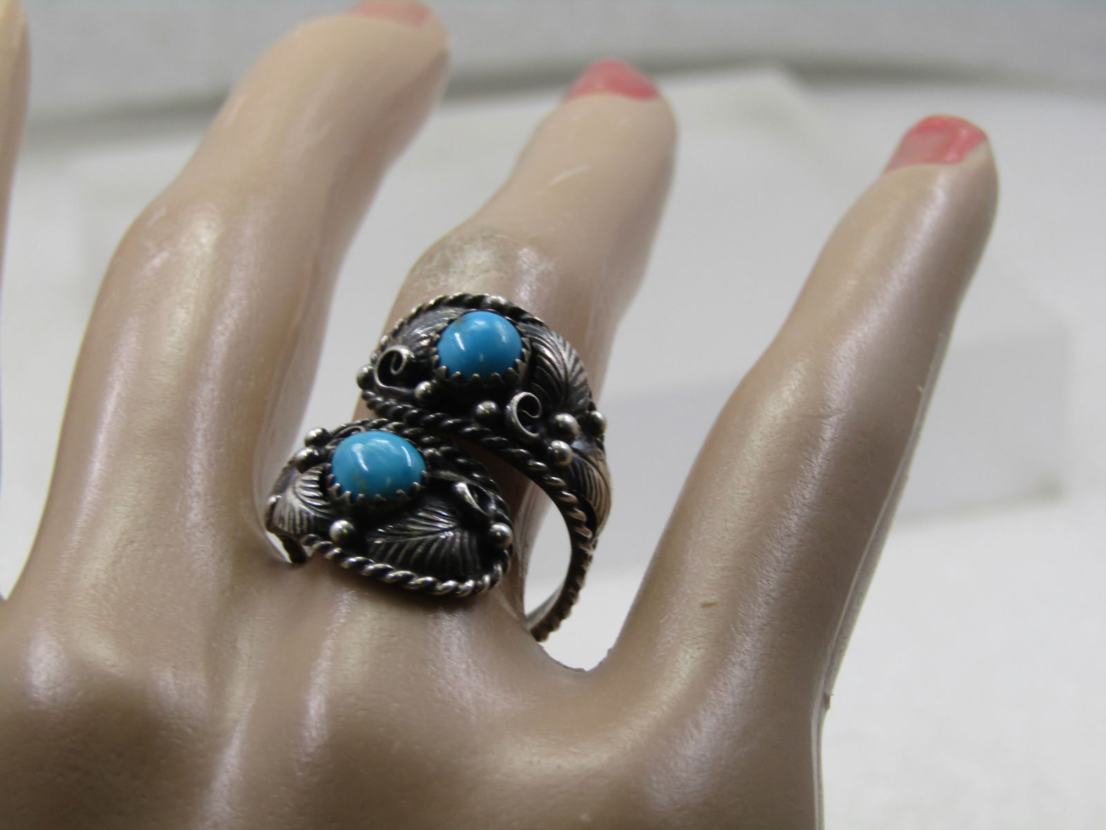 Vintage Sterling Southwestern Bypass Ring, Adj. SZ-9, Unisex, Signed - 7