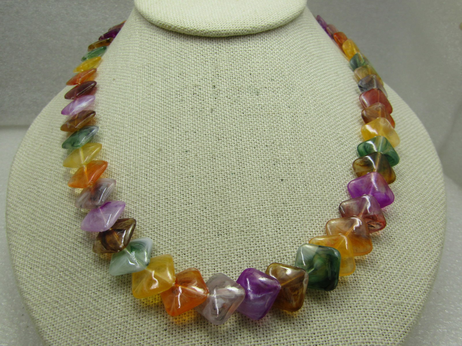 Vintage Colorful Overlapping Flat Square Tile Necklace, 19", 1960's - 2