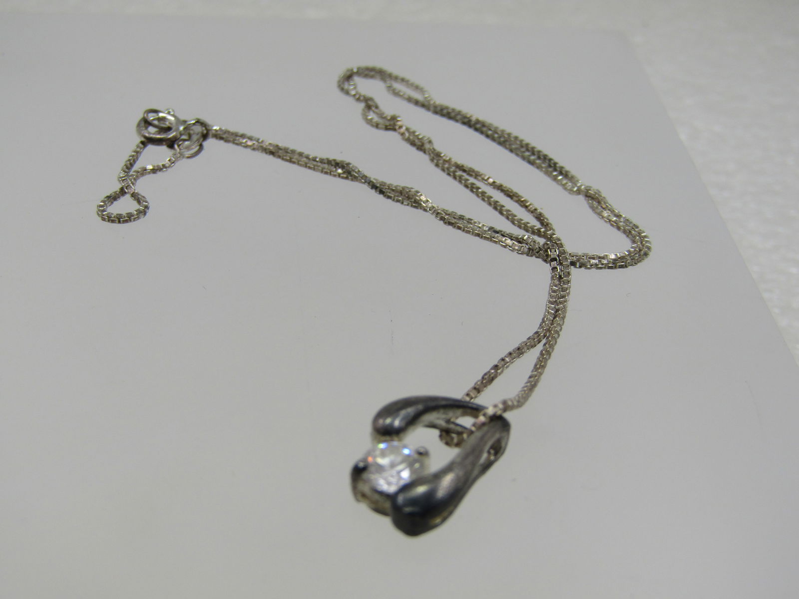 Vintage Sterling CZ Necklace, 18" Box Chain - 6