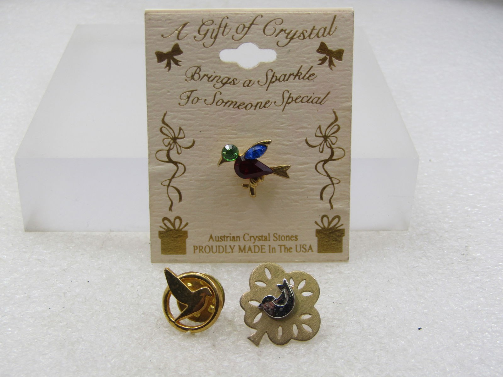 3 Vintage Bird Tack Pins, Crystal & Gold Tone, 1980's-1990's - 4