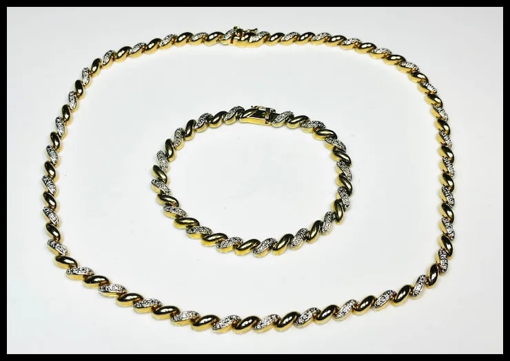 Vintage Heavy Gold Plated and Sterling Silver Tennis Bracelet and Necklace Set - 2