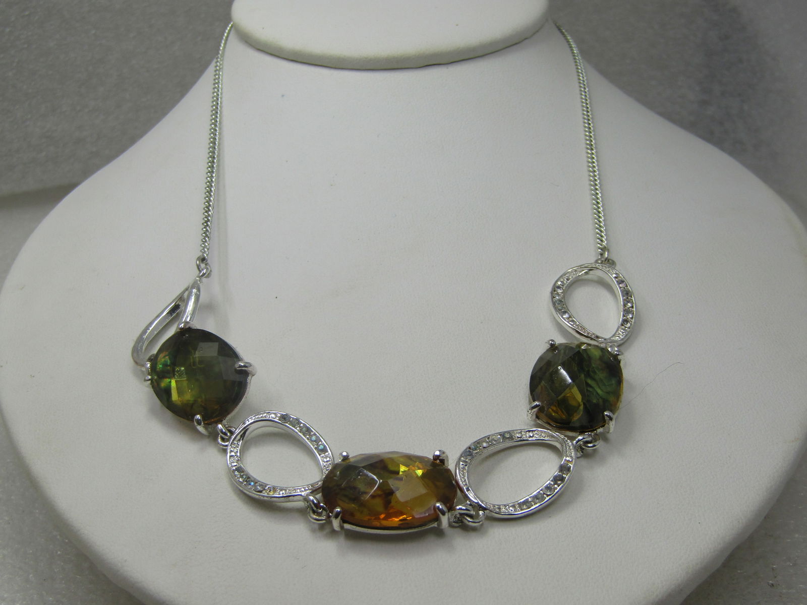 Green & Brown Faux Amber Necklace, 19" Silver Tone, 1990's-2000, Avon (1 of 7)
