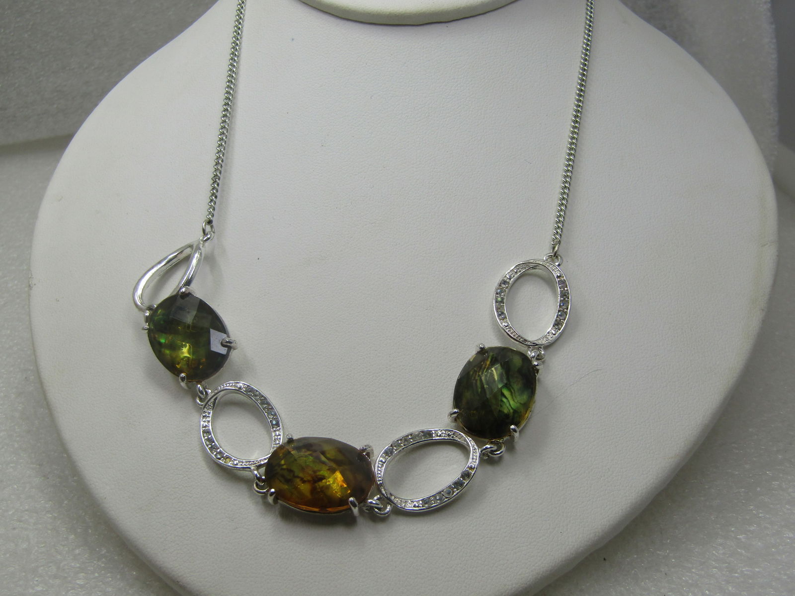 Green & Brown Faux Amber Necklace, 19" Silver Tone, 1990's-2000, Avon - 2