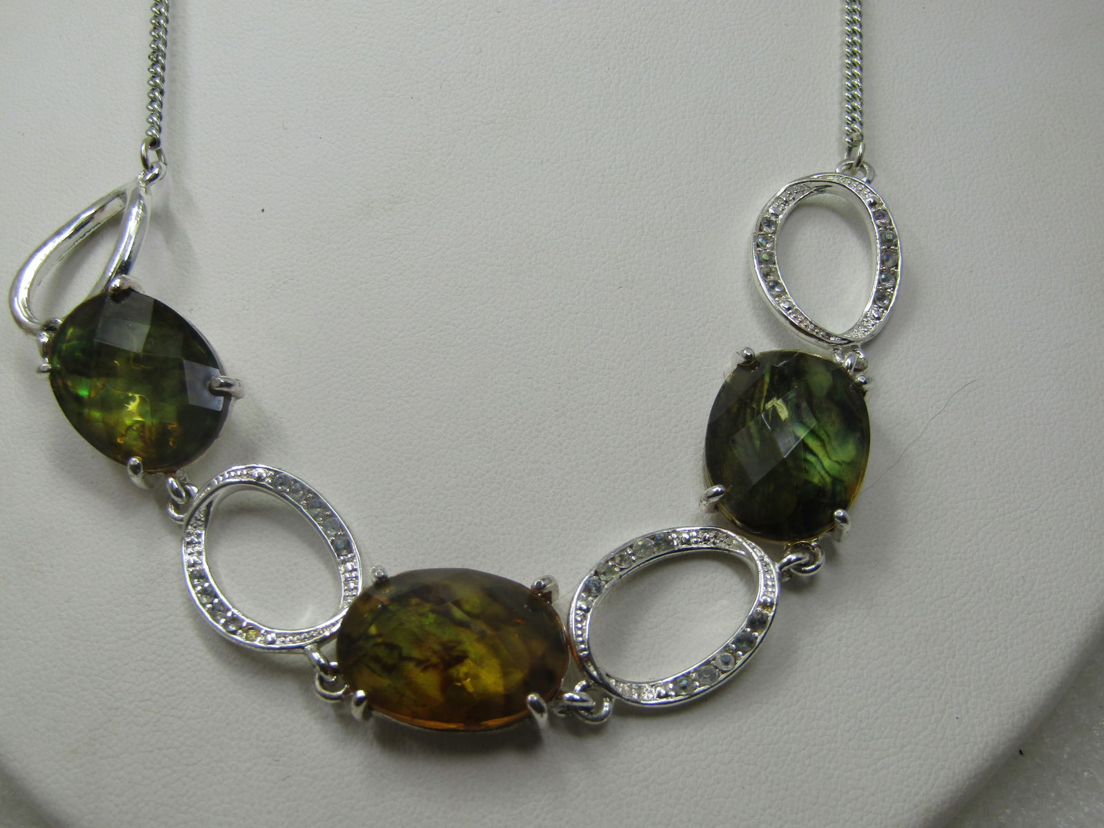 Green & Brown Faux Amber Necklace, 19" Silver Tone, 1990's-2000, Avon - 3