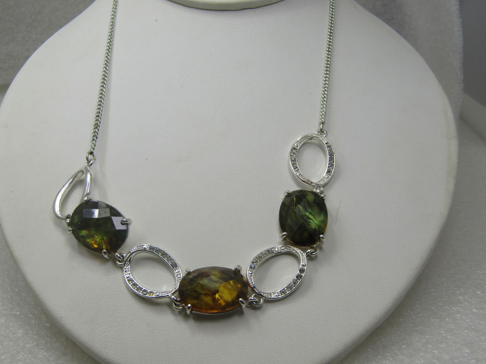 Green & Brown Faux Amber Necklace, 19" Silver Tone, 1990's-2000, Avon - 7