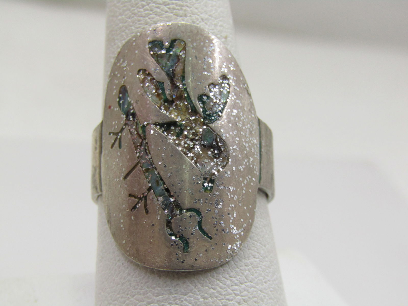 Vintage Sterling Inlaid Abalone Ring, Mexico, Sz. 9, Bird & Lizard 1970's (1 of 8)