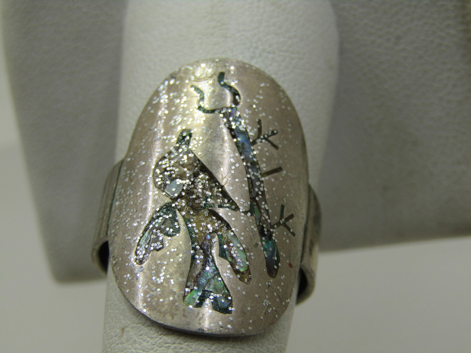 Vintage Sterling Inlaid Abalone Ring, Mexico, Sz. 9, Bird & Lizard 1970's - 2
