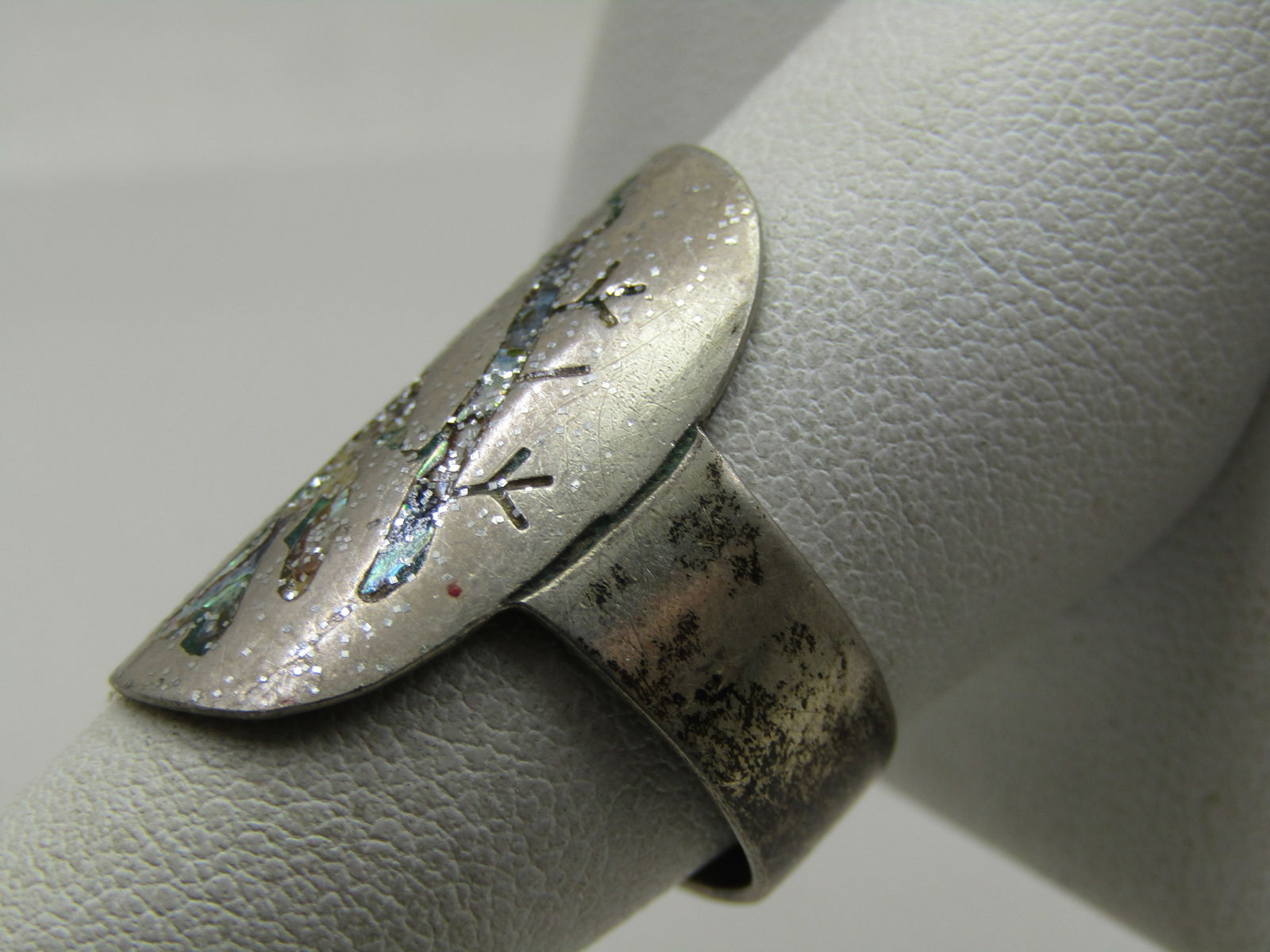 Vintage Sterling Inlaid Abalone Ring, Mexico, Sz. 9, Bird & Lizard 1970's - 4