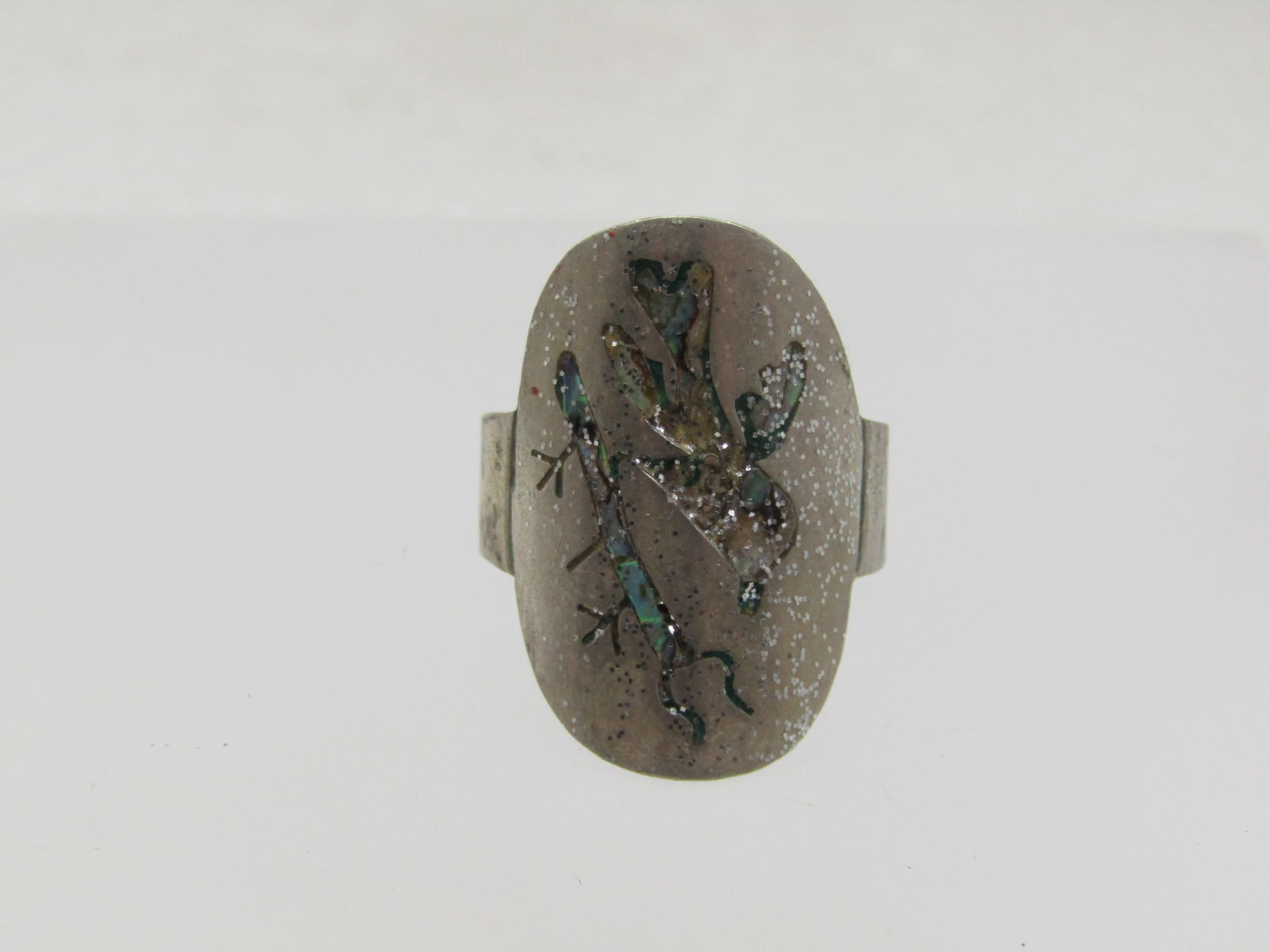 Vintage Sterling Inlaid Abalone Ring, Mexico, Sz. 9, Bird & Lizard 1970's - 5