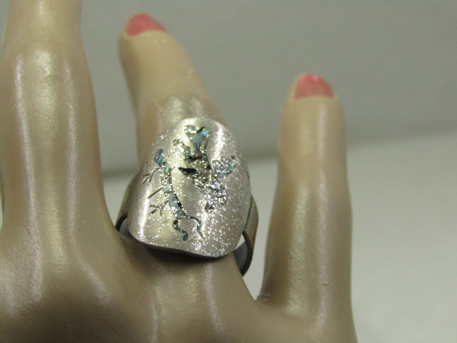 Vintage Sterling Inlaid Abalone Ring, Mexico, Sz. 9, Bird & Lizard 1970's - 8