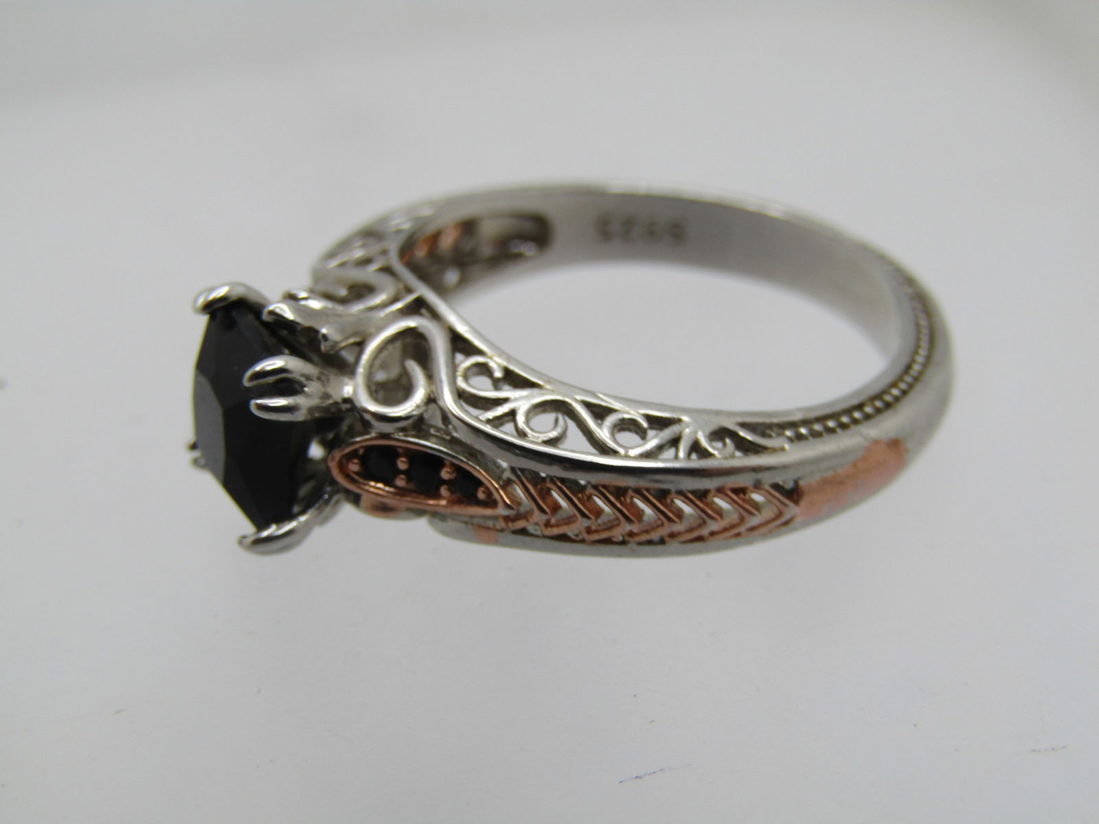 Silver Fashion Ring , Black Glass Ring, Filigree, Sz. 10.25, Two-Tone - 8