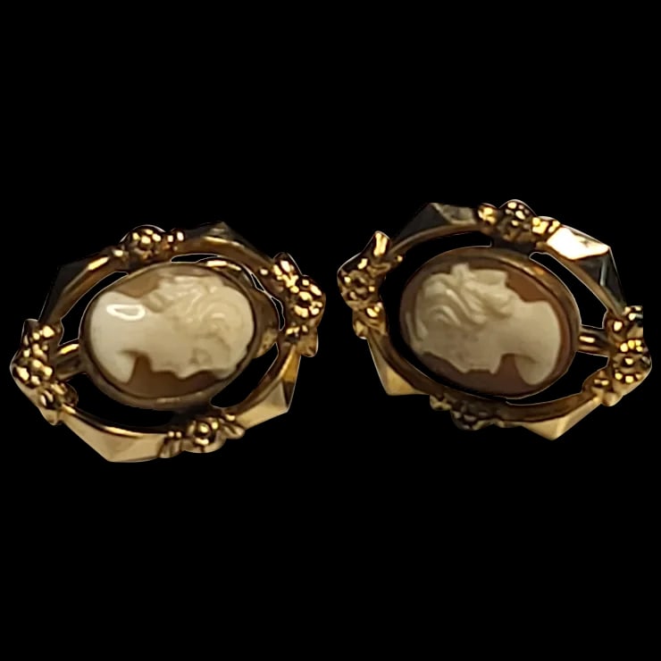 Vintage Ornate "CM" Shell Filigree Screw Back Cameo Earrings (1 of 6)