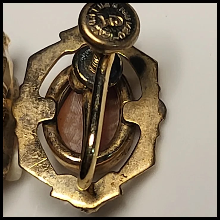 Vintage Ornate "CM" Shell Filigree Screw Back Cameo Earrings - 6