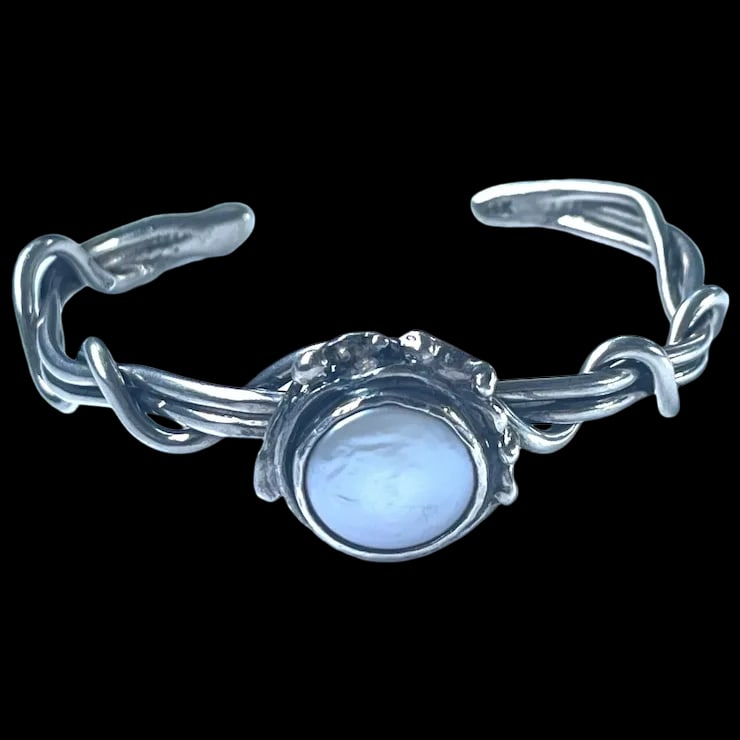 Estate Sterling Silver Wrapped Vine and Pearl Cuff Bracelet: Title: Estate Sterling Silver Wrapped Vine and Pearl Cuff Bracelet Description: Estate Sterling Silver Wrapped Vine and Pearl Cuff BraceletSterling SilverHallmarked Sterling and 14kWeighs 24.1 grams