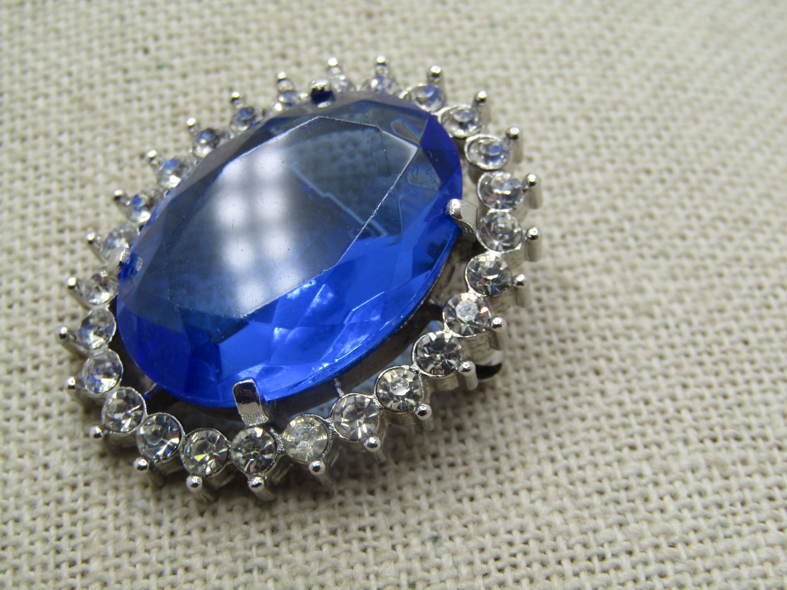 Vintage Blue & Clear Rhinestone Brooch/Pendant, 1.5" by 1.25" Oval - 2