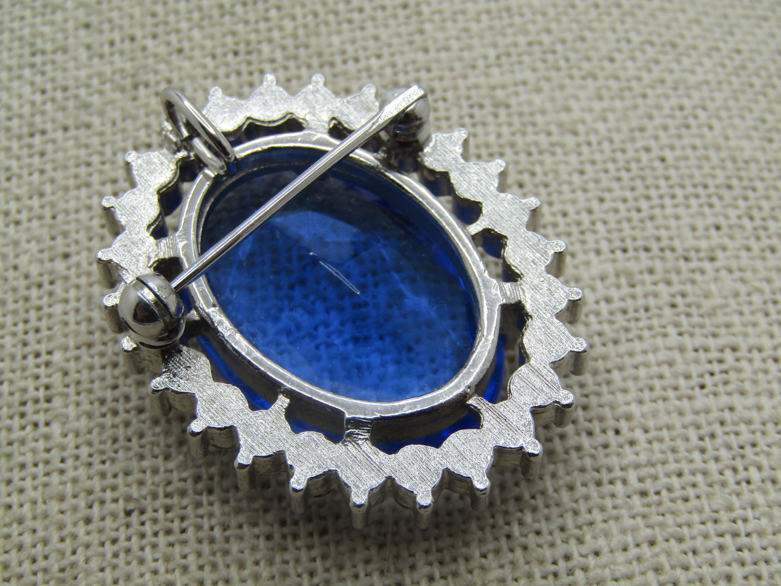Vintage Blue & Clear Rhinestone Brooch/Pendant, 1.5" by 1.25" Oval - 4