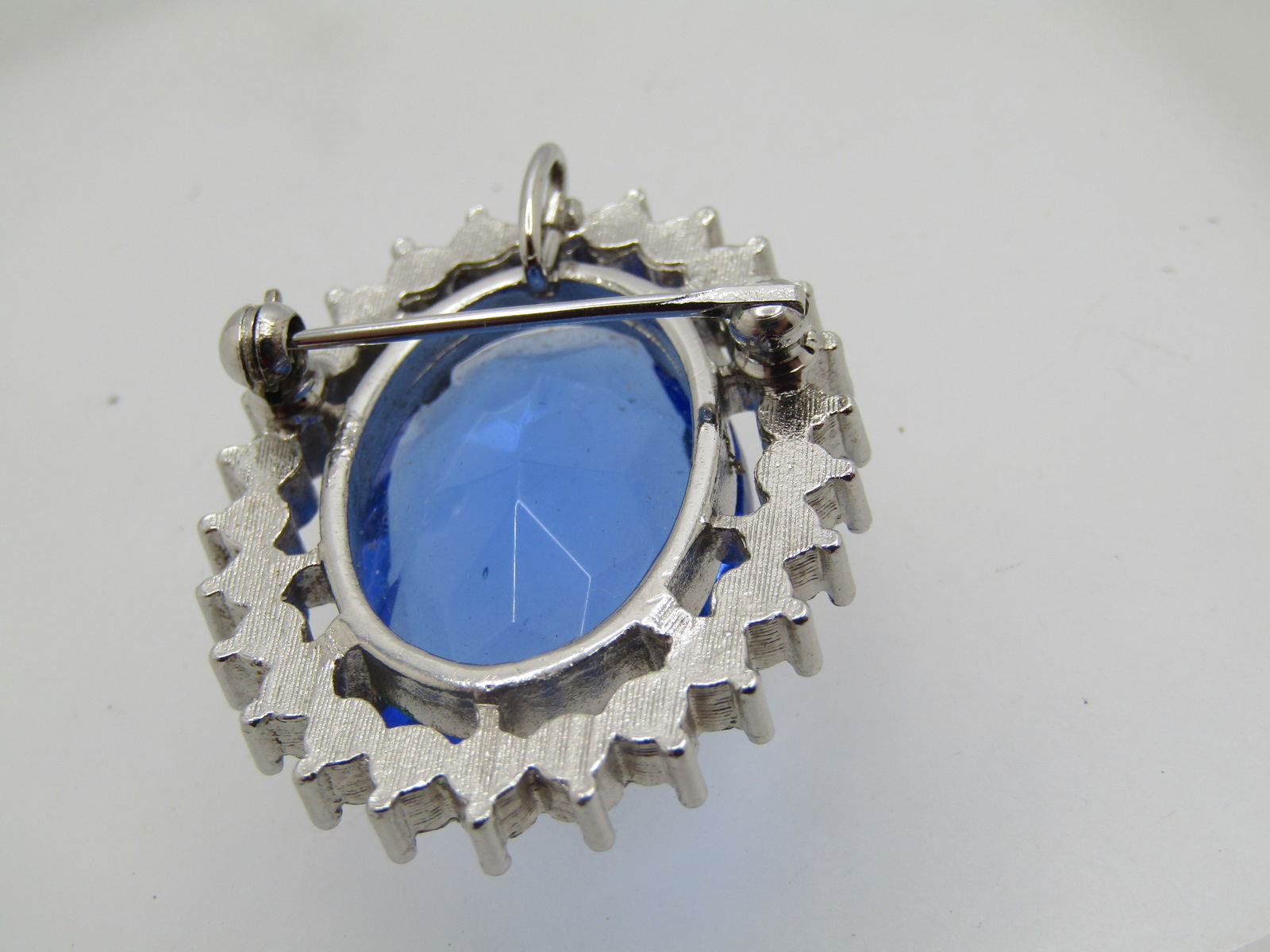 Vintage Blue & Clear Rhinestone Brooch/Pendant, 1.5" by 1.25" Oval - 6