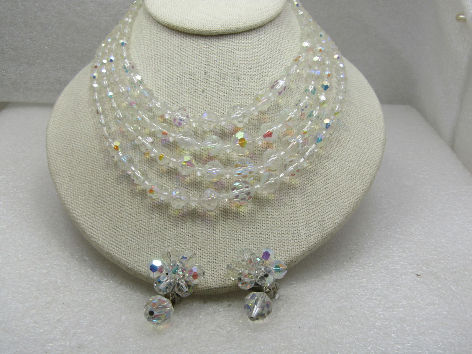 Vintage Four Strand Clear Crystal Necklce & Clip Earring Set, Aurora Borealis, 16", 1940's-1950's - 2