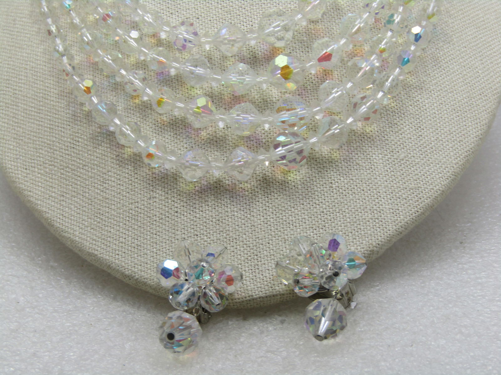 Vintage Four Strand Clear Crystal Necklce & Clip Earring Set, Aurora Borealis, 16", 1940's-1950's - 3