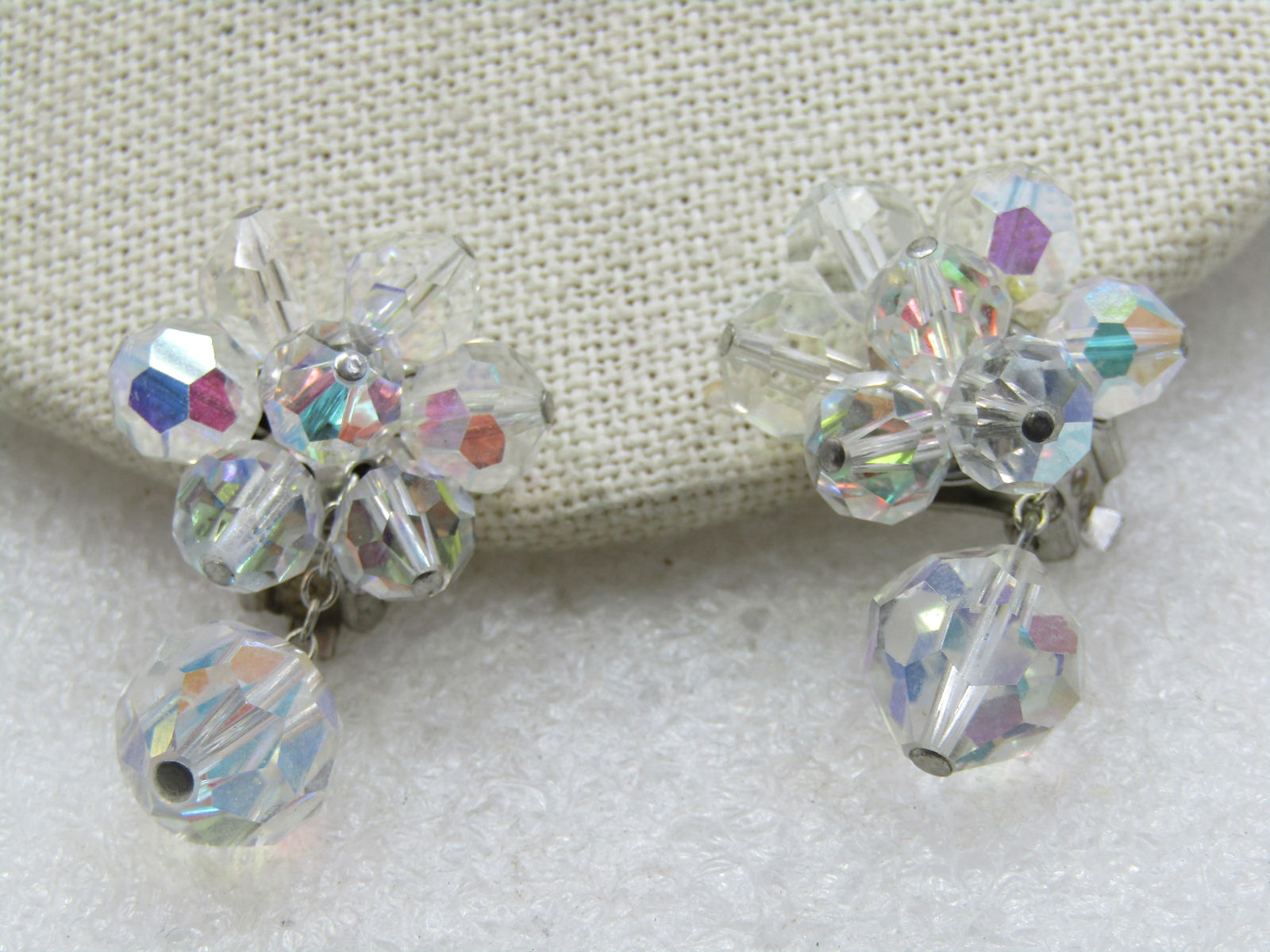 Vintage Four Strand Clear Crystal Necklce & Clip Earring Set, Aurora Borealis, 16", 1940's-1950's - 4