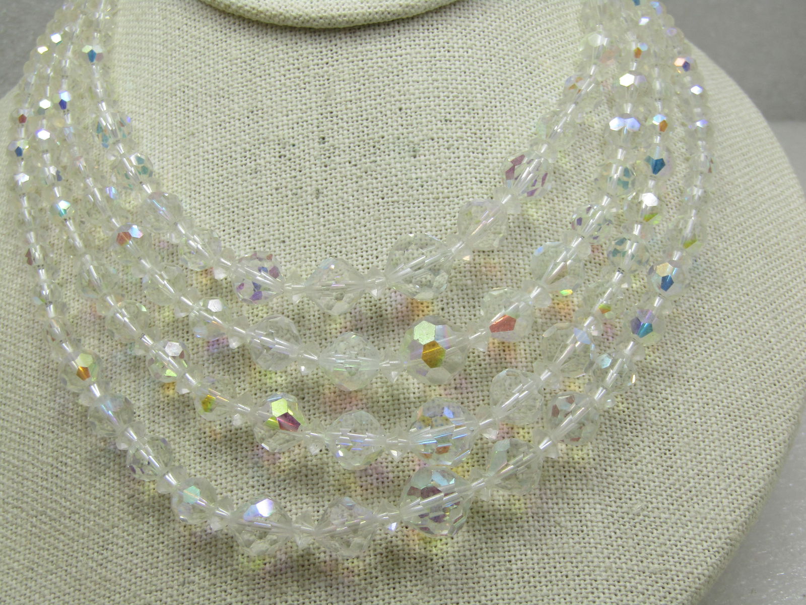 Vintage Four Strand Clear Crystal Necklce & Clip Earring Set, Aurora Borealis, 16", 1940's-1950's - 5