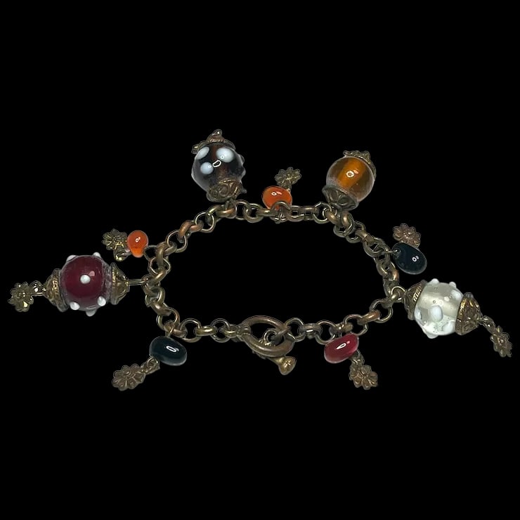 Vintage Art Glass Bracelet on Bronze Tone Chain (1 of 4)