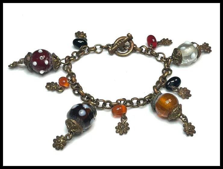 Vintage Art Glass Bracelet on Bronze Tone Chain - 3