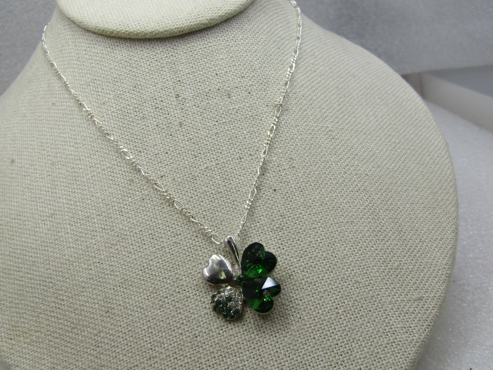 Green & Clear Crystal Shamrock Necklace, 20" - 3