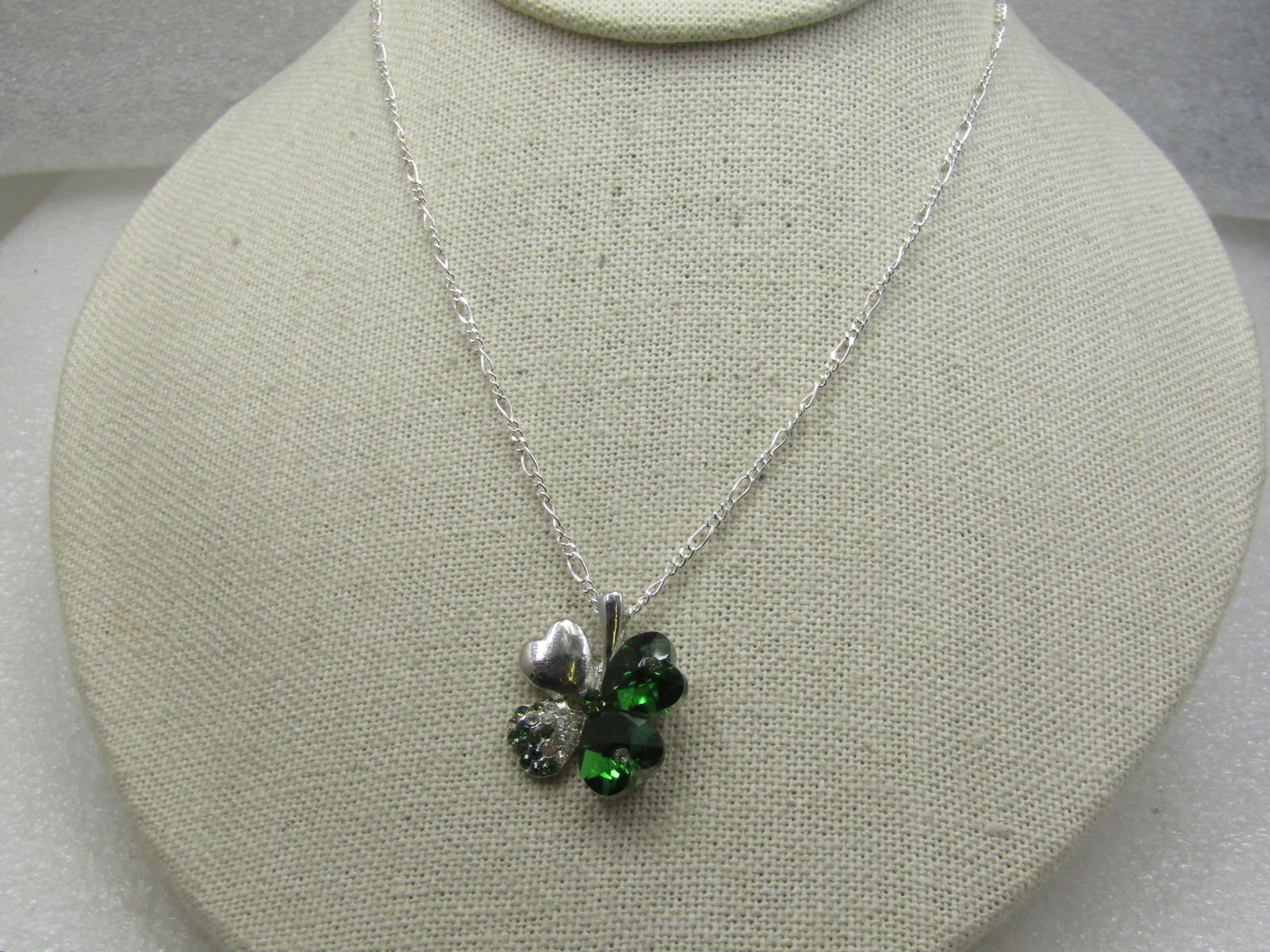 Green & Clear Crystal Shamrock Necklace, 20" - 4