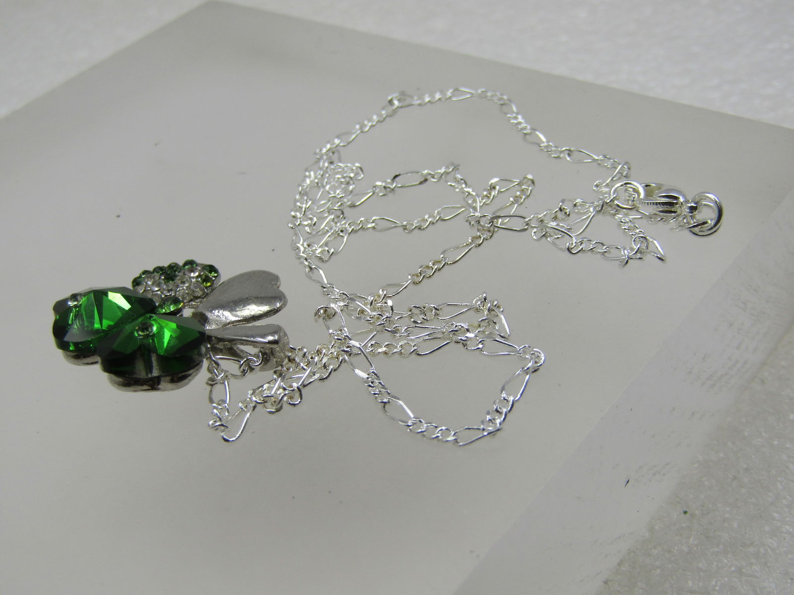 Green & Clear Crystal Shamrock Necklace, 20" - 7