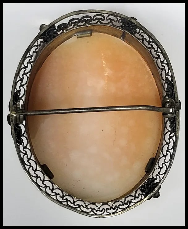 Large Vintage Hand-Carved Shell Cameo Filigree Brooch - 3