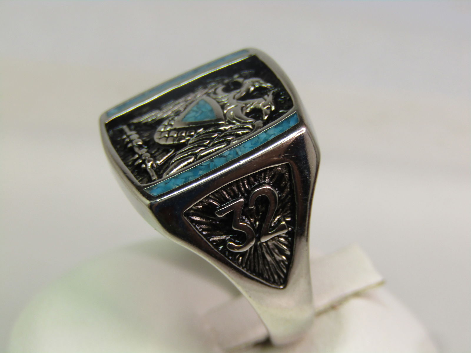 Silver Tone Masonic 32 Ring, Sz. 10, Turquoise Chips. 1990's - 3