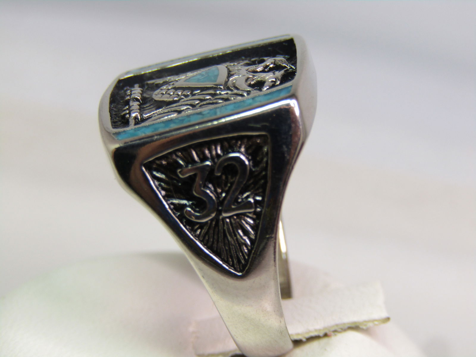 Silver Tone Masonic 32 Ring, Sz. 10, Turquoise Chips. 1990's - 4