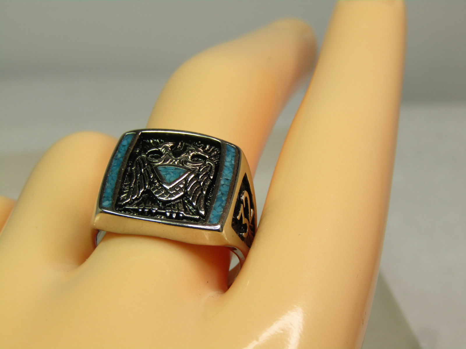 Silver Tone Masonic 32 Ring, Sz. 10, Turquoise Chips. 1990's - 8