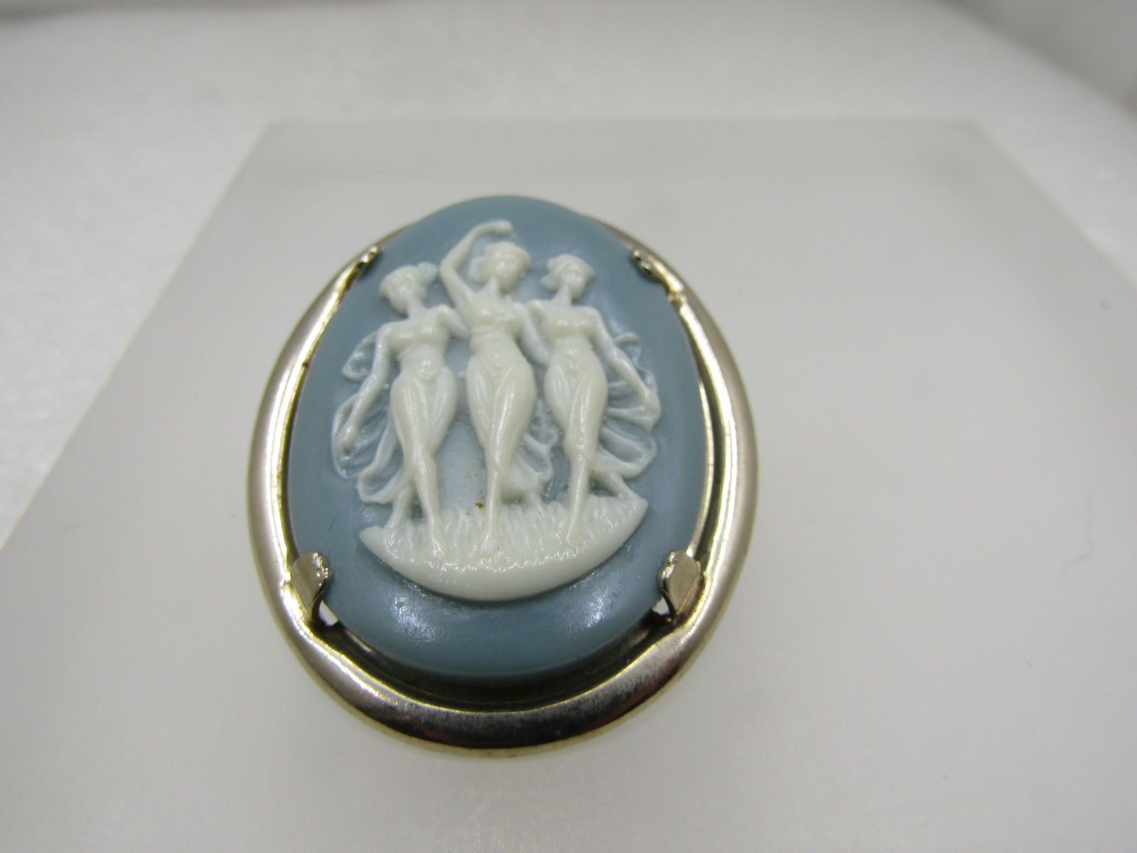 Vintage Three Graces Green Cameo Brooch, 1960's, 1-7/8" Oval (1 of 5)